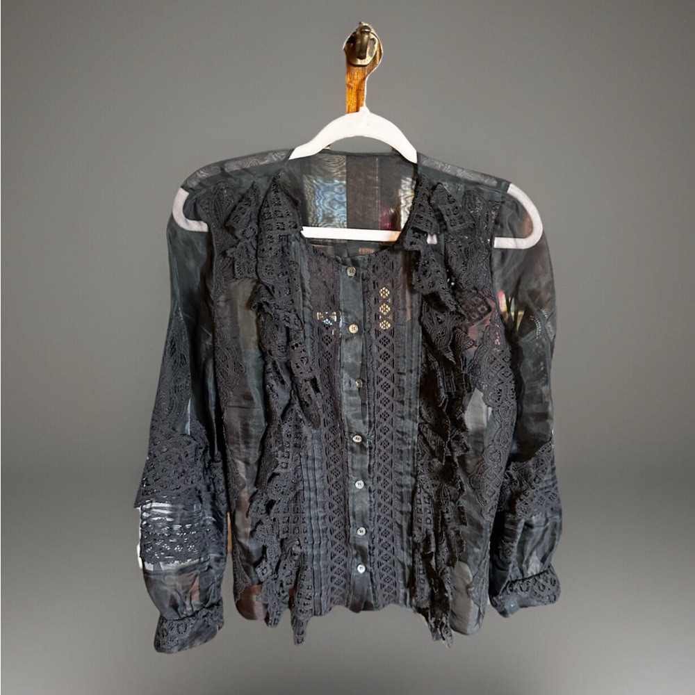 Oscar de la Renta Vintage Silk Organza Lace Blouse Black Sheer Ruffle Top sz 4 - Picture 10 of 10